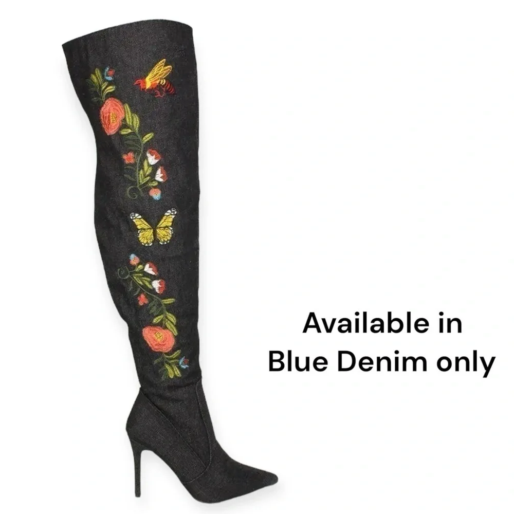Vintage Denim Over the Knee Slouchy Boot Embroidered Butterflies Point Toe Size7